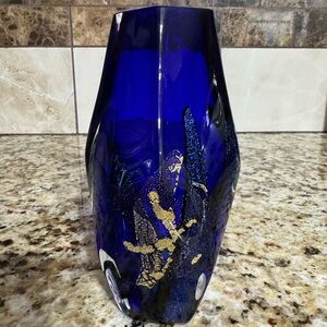 Vintage Eric Brakken dichroic and gold foil glass vase Glasshouse Studio Cobalt